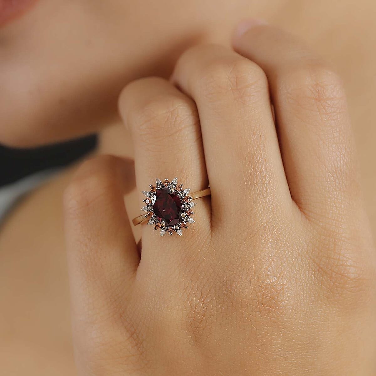 Luxoro AAA Radiant Amber Garnet, Padparadscha Sapphire (BT) 7.0) and Natural Champagne Diamond 2.90 ctw Royal Bloom Ring in 10K Yellow Gold(Size 10.0) image number 2