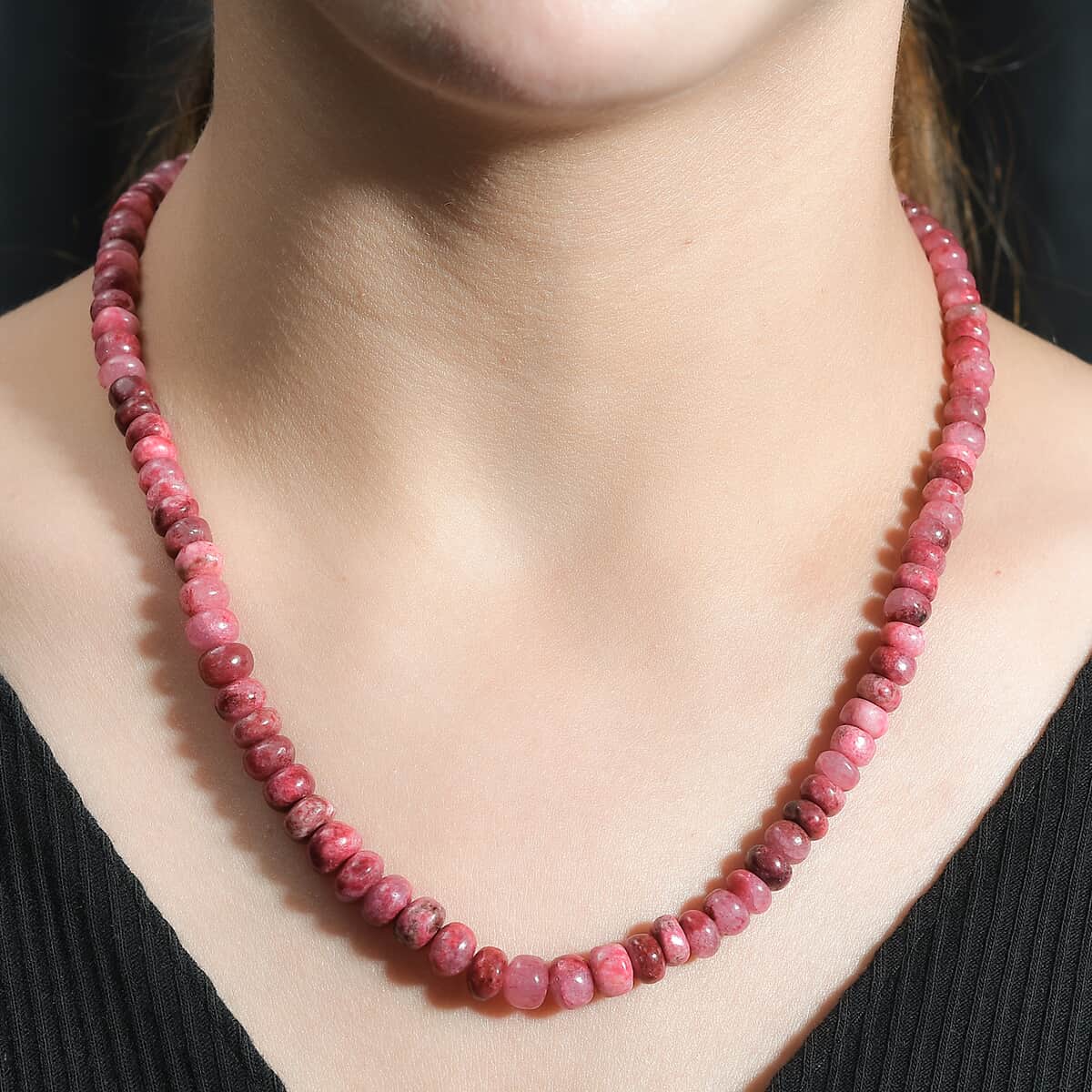 Norwegian Thulite Beaded 160.00 ctw Necklace in Stainless Steel 18 Inches (Del. in 10-12 Days) image number 2