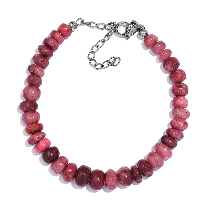 Norwegian Thulite 65.00 ctw Beaded Bracelet in Stainless Steel (6.50-8.0In)