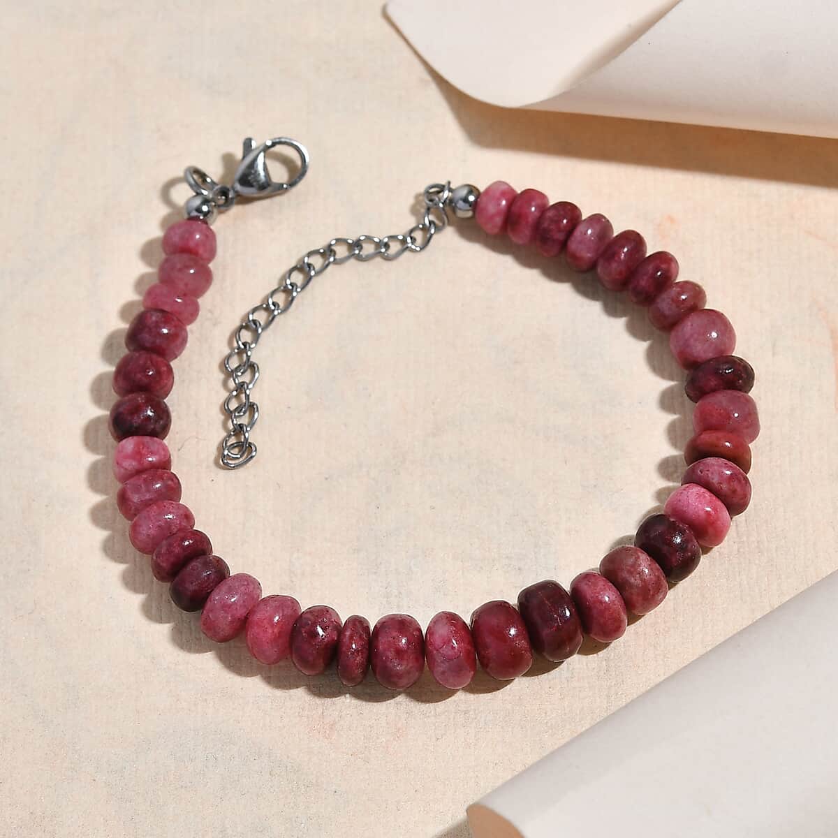 Norwegian Thulite 65.00 ctw Beaded Bracelet in Stainless Steel (6.50-8.0In) (Del. in 10-12 Days) image number 1