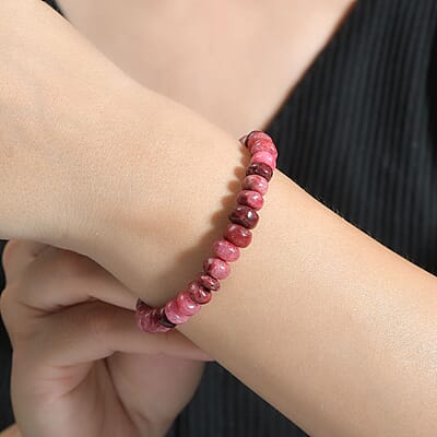 Norwegian Thulite 65.00 ctw Beaded Bracelet in Stainless Steel (6.50-8.0In)