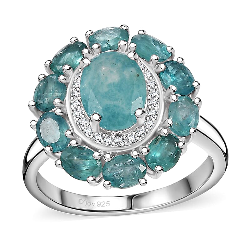 Grandidierite, White Zircon Floral Ring in Rhodium Over Sterling Silver (Size 10.0) 3.10 ctw