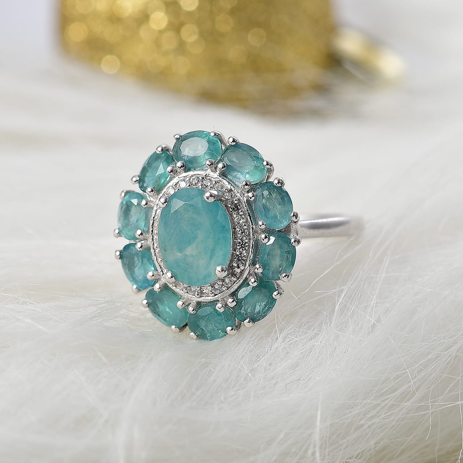 Grandidierite, White Zircon Floral Ring in Rhodium Over Sterling Silver (Size 10.0) 3.10 ctw