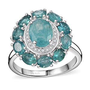 Grandidierite, White Zircon Floral Ring in Rhodium Over Sterling Silver (Size 10.0) 3.10 ctw