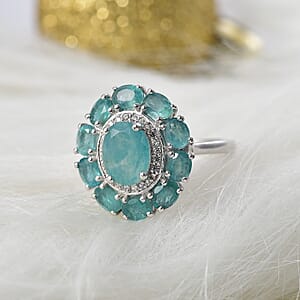 Grandidierite, White Zircon Floral Ring in Rhodium Over Sterling Silver (Size 10.0) 3.10 ctw