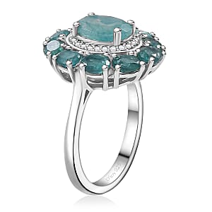 Grandidierite, White Zircon Floral Ring in Rhodium Over Sterling Silver (Size 10.0) 3.10 ctw