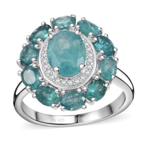 Grandidierite and White Zircon 3.10 ctw Floral Ring in Rhodium Over Sterling Silver (Size 7.0)