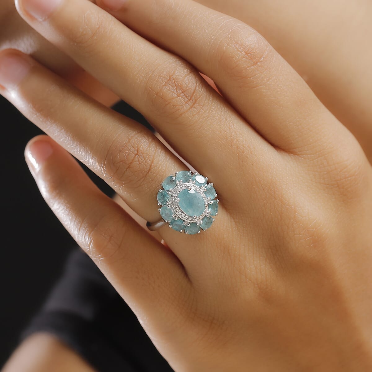 Grandidierite and White Zircon 3.10 ctw Floral Ring in Rhodium Over Sterling Silver (Size 7.0) image number 2