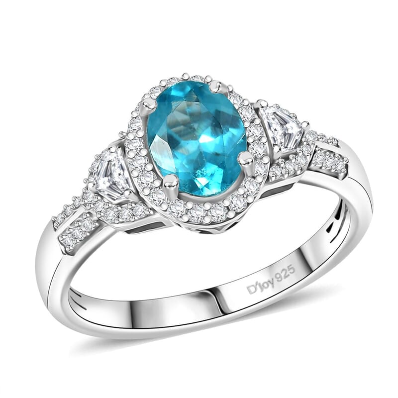D'Joy Madagascar Lagoon Apatite and Moissanite 1.75 ctw Ring in Rhodium Over Sterling Silver (Size 10.0)