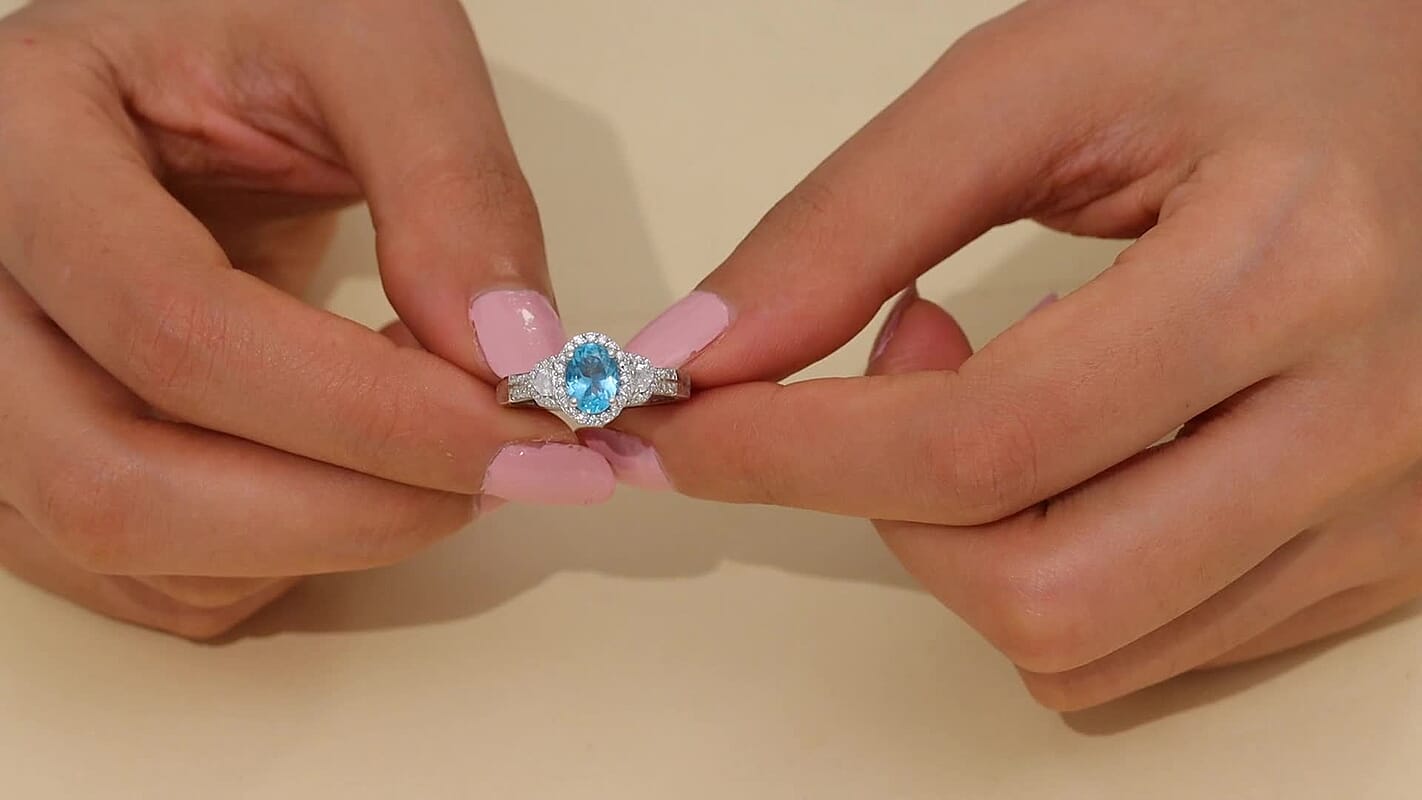 D'Joy Madagascar Lagoon Apatite and Moissanite 1.75 ctw Ring in Rhodium Over Sterling Silver (Size 10.0)