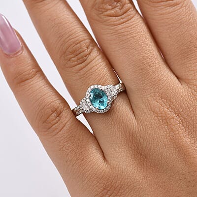 D'Joy Madagascar Lagoon Apatite and Moissanite 1.75 ctw Ring in Rhodium Over Sterling Silver (Size 10.0)