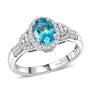 D'Joy Madagascar Lagoon Apatite and Moissanite 1.75 ctw Ring in Rhodium Over Sterling Silver (Size 5.0)