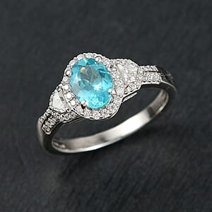D'Joy Madagascar Lagoon Apatite and Moissanite 1.75 ctw Ring in Rhodium Over Sterling Silver (Size 5.0)