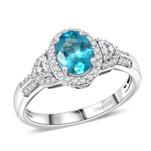 D'Joy Madagascar Lagoon Apatite and Moissanite 1.75 ctw Ring in Rhodium Over Sterling Silver (Size 9.0)