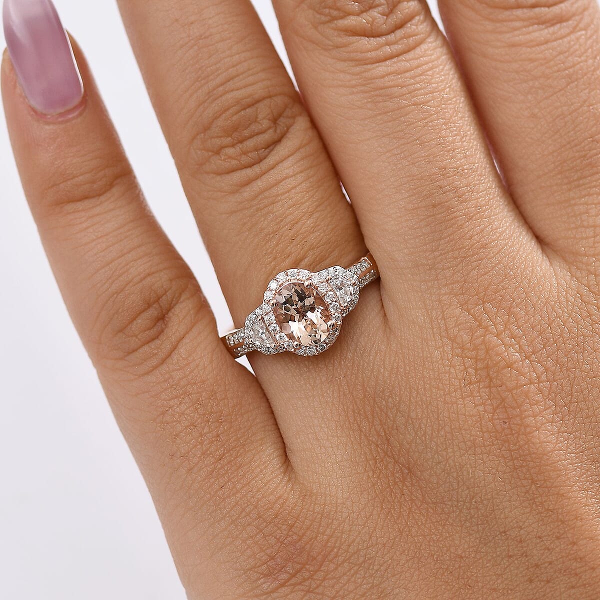 D'Joy Premium Marropino Morganite and Moissanite 1.65 ctw Art Deco Ring in 18K Vermeil Rose Gold Over Sterling Silver (Size 5.0) image number 2