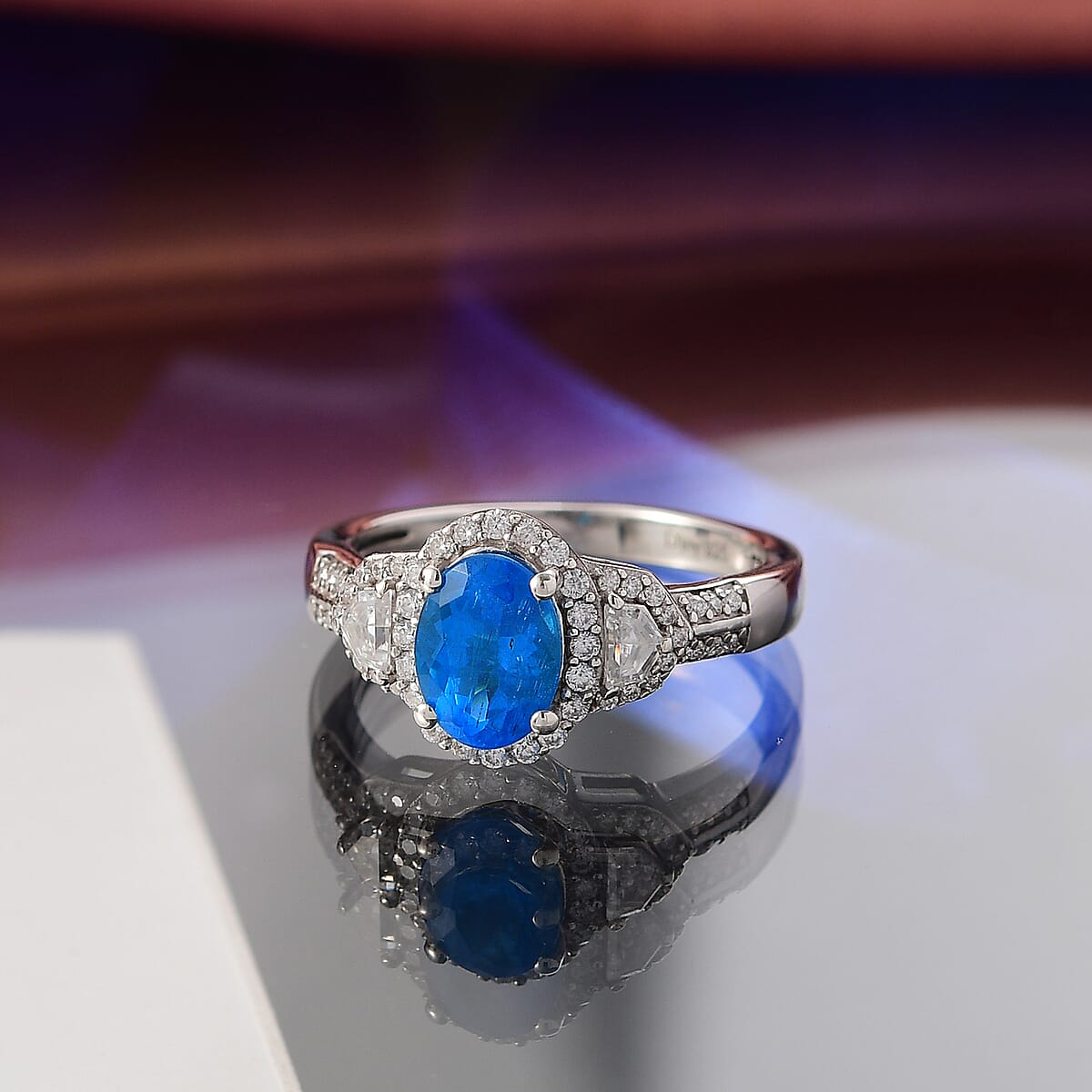 D'Joy Premium Malgache Neon Apatite and Moissanite 1.80 ctw Art Deco Ring in Rhodium Over Sterling Silver (Size 5.0) image number 1