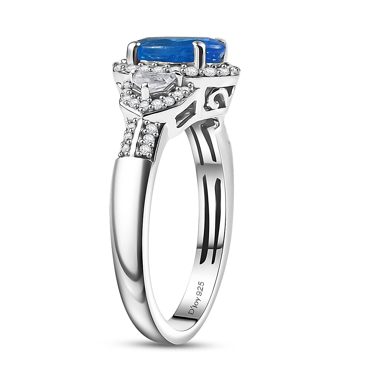 D'Joy Premium Malgache Neon Apatite and Moissanite 1.80 ctw Art Deco Ring in Rhodium Over Sterling Silver (Size 5.0) image number 3