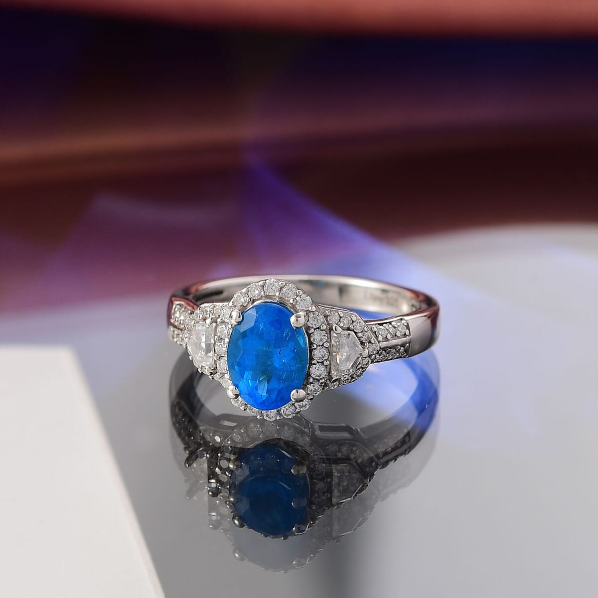 D'Joy Premium Malgache Neon Apatite and Moissanite 1.80 ctw Ring in Rhodium Over Sterling Silver (Size 8.0) image number 1