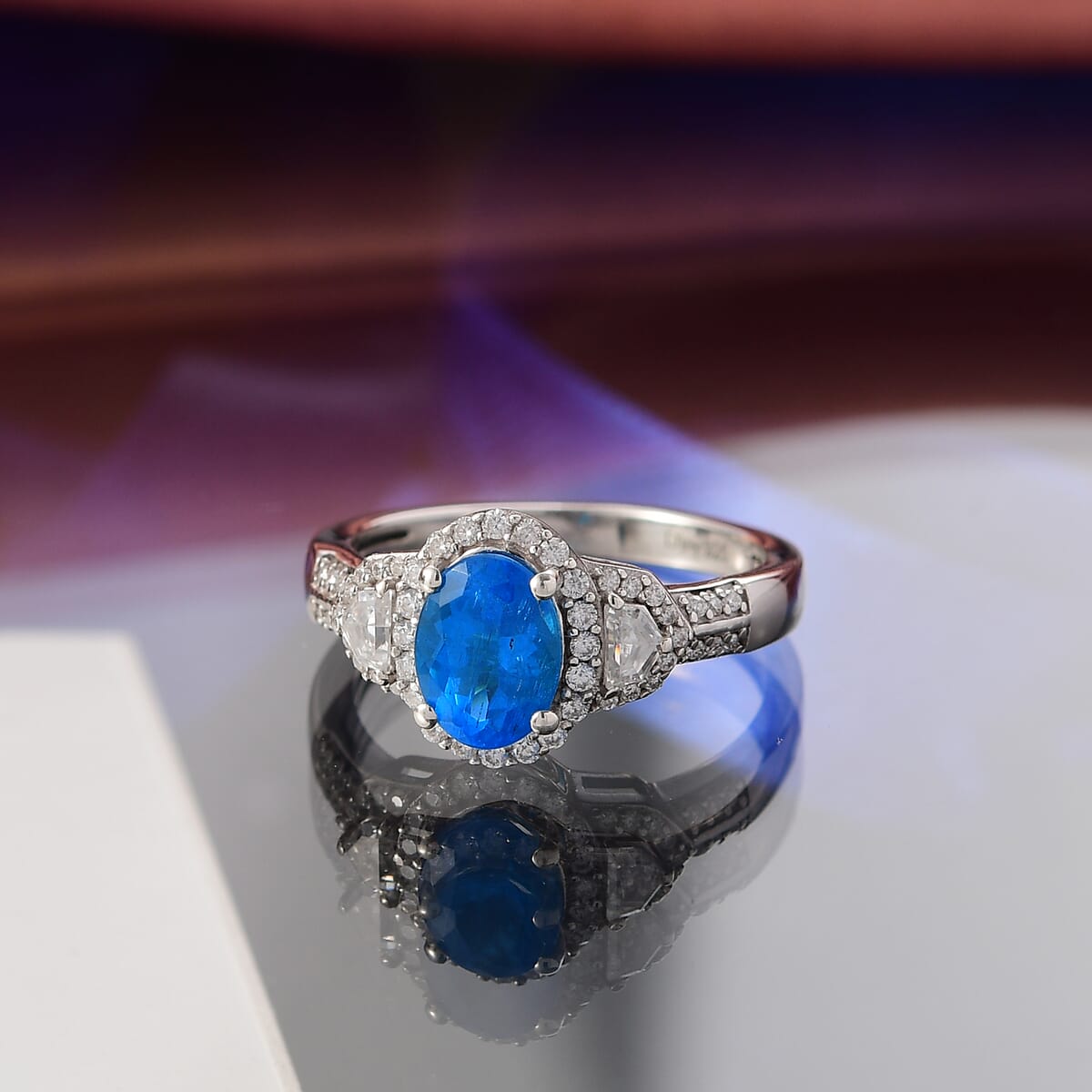 D'Joy Premium Malgache Neon Apatite and Moissanite 1.80 ctw Art Deco Ring in Rhodium Over Sterling Silver (Size 9.0) image number 1
