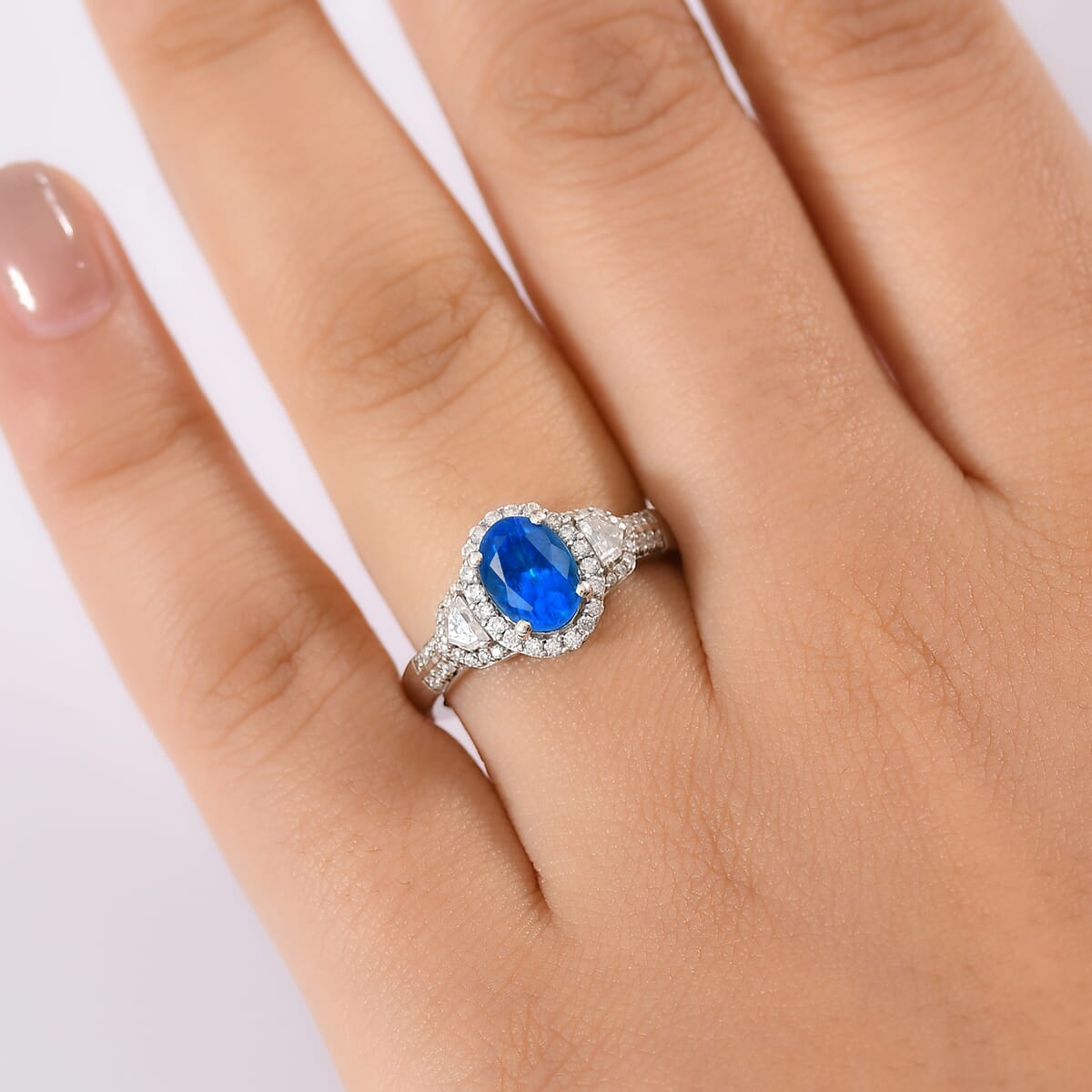 D'Joy Premium Malgache Neon Apatite and Moissanite 1.80 ctw Art Deco Ring in Rhodium Over Sterling Silver (Size 9.0) image number 2
