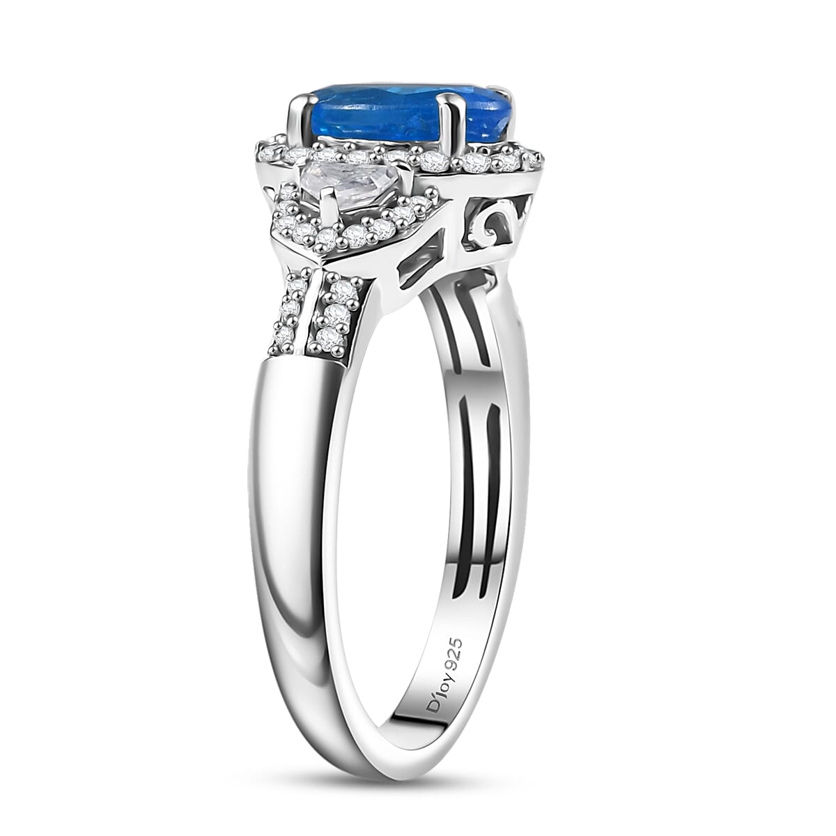 D'Joy Premium Malgache Neon Apatite and Moissanite 1.80 ctw Art Deco Ring in Rhodium Over Sterling Silver (Size 9.0) image number 3