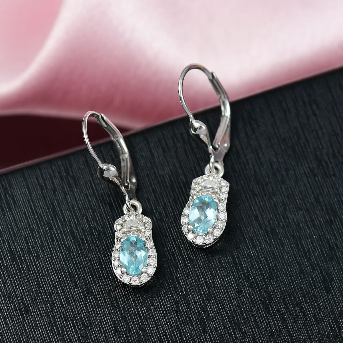 D'Joy Lagoon Apatite and Moissanite 1.45 ctw Lever Back Earrings in Rhodium Over Sterling Silver image number 1