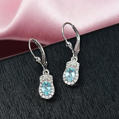 D'Joy Lagoon Apatite and Moissanite 1.45 ctw Lever Back Earrings in Rhodium Over Sterling Silver
