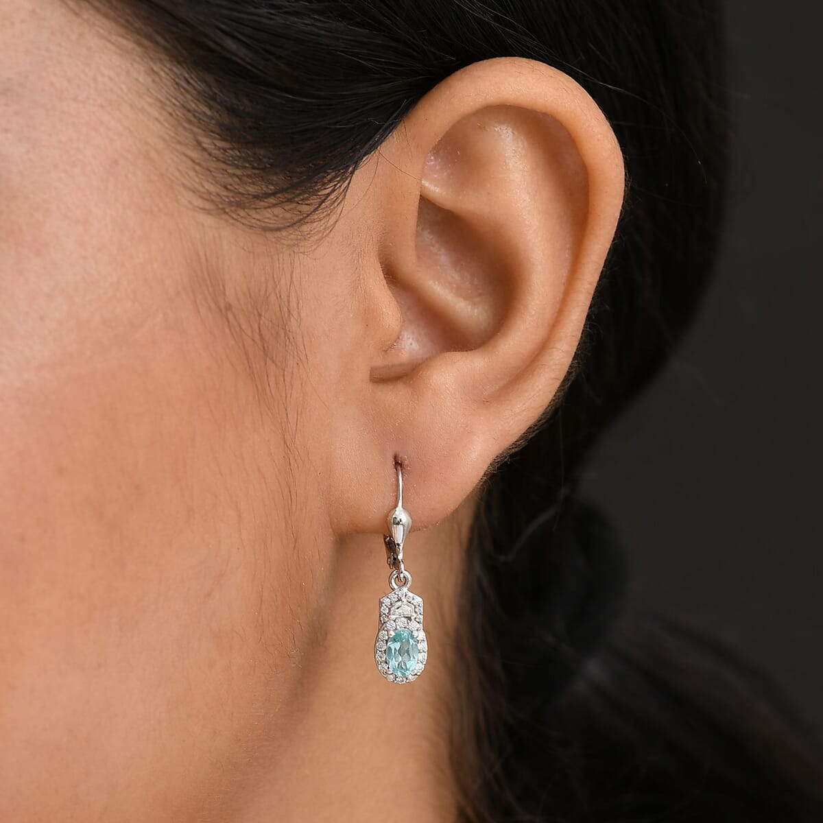 D'Joy Lagoon Apatite and Moissanite 1.45 ctw Lever Back Earrings in Rhodium Over Sterling Silver image number 2