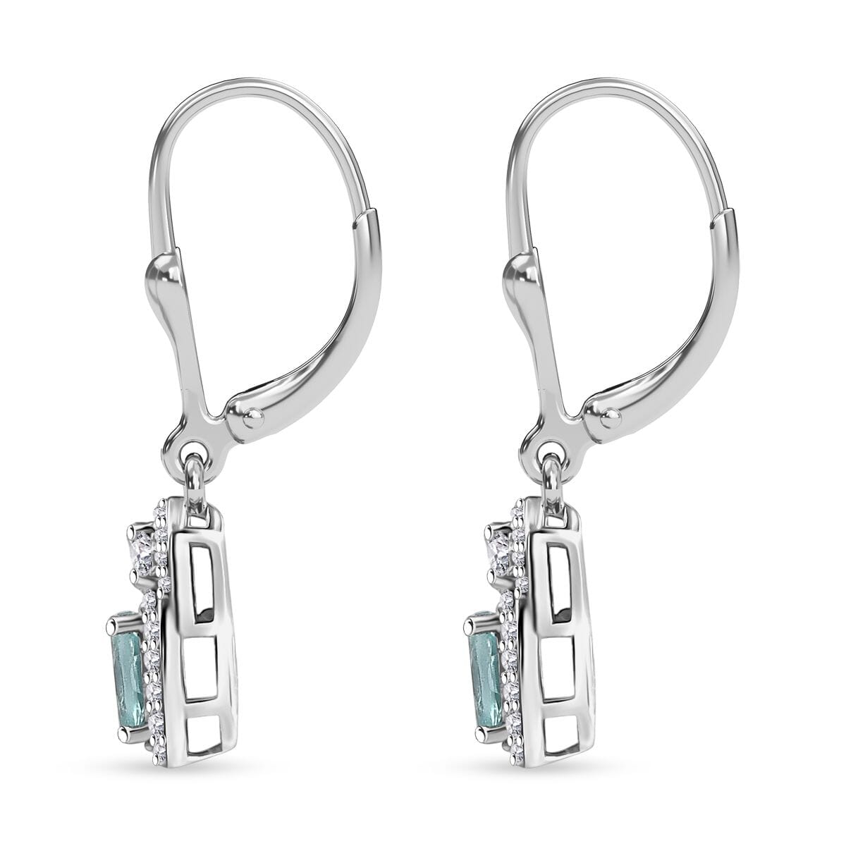 D'Joy Lagoon Apatite and Moissanite 1.45 ctw Lever Back Earrings in Rhodium Over Sterling Silver image number 3