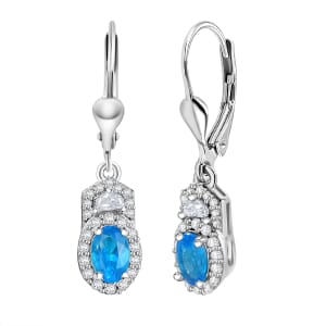 D'Joy Malgache Neon Apatite and Moissanite 1.40 ctw Lever Back Earrings in Rhodium Over Sterling Silver