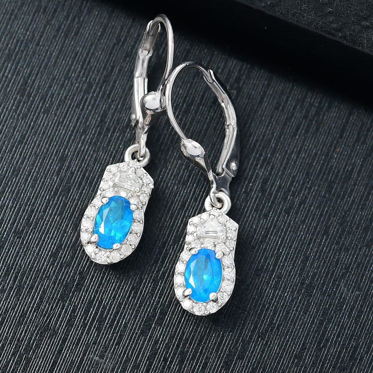 D'Joy Premium Malgache Neon Apatite and Moissanite 1.40 ctw Art Deco Earrings in Rhodium Over Sterling Silver image number 1