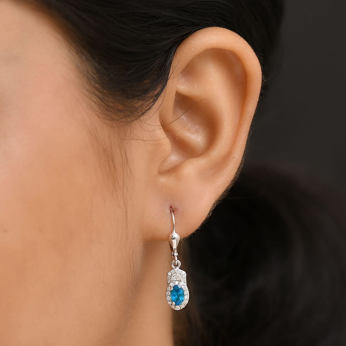 D'Joy Premium Malgache Neon Apatite and Moissanite 1.40 ctw Art Deco Earrings in Rhodium Over Sterling Silver image number 2