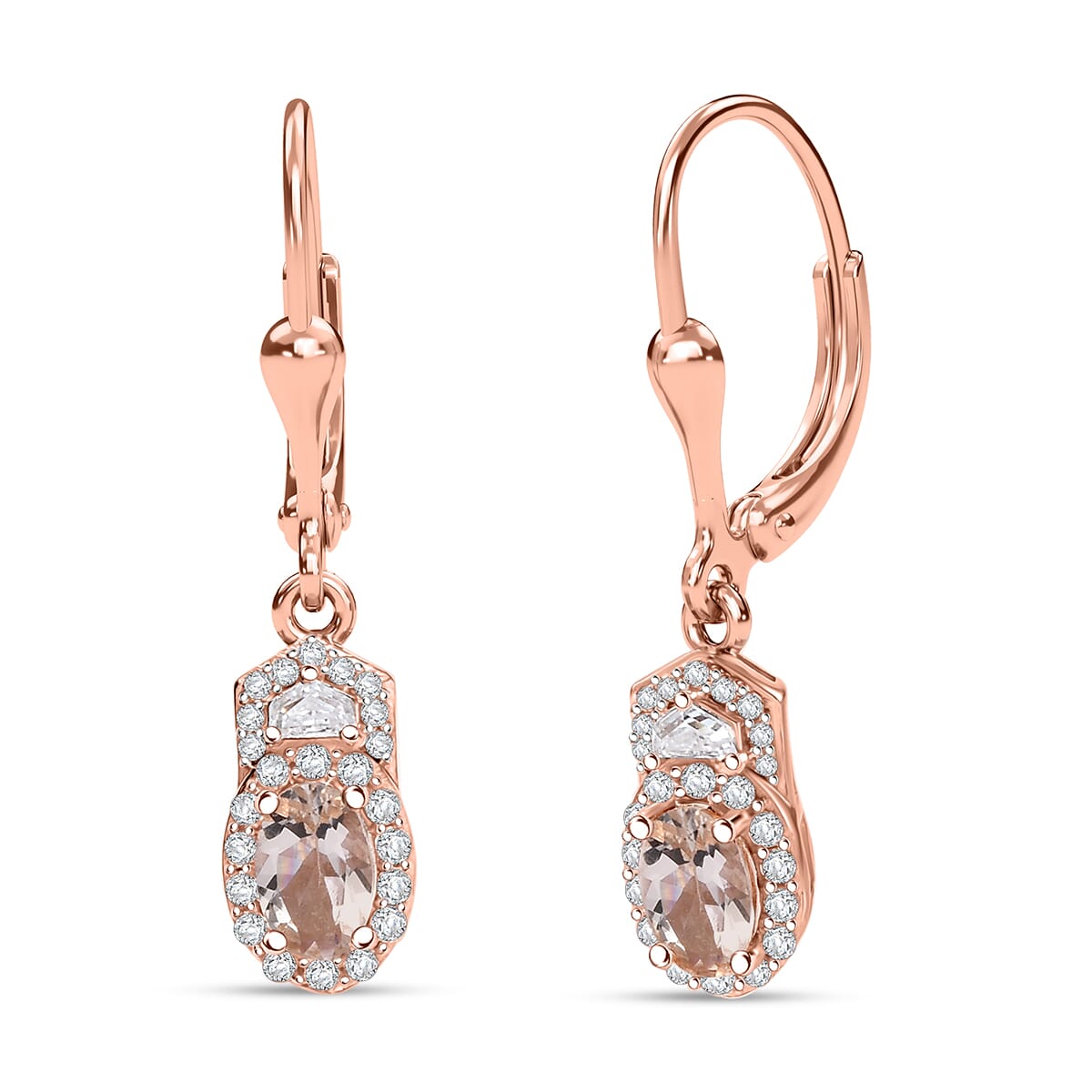D'Joy Premium Marropino Morganite and Moissanite 1.30 ctw Art Deco Earrings in 18K Vermeil Rose Gold Over Sterling Silver image number 0