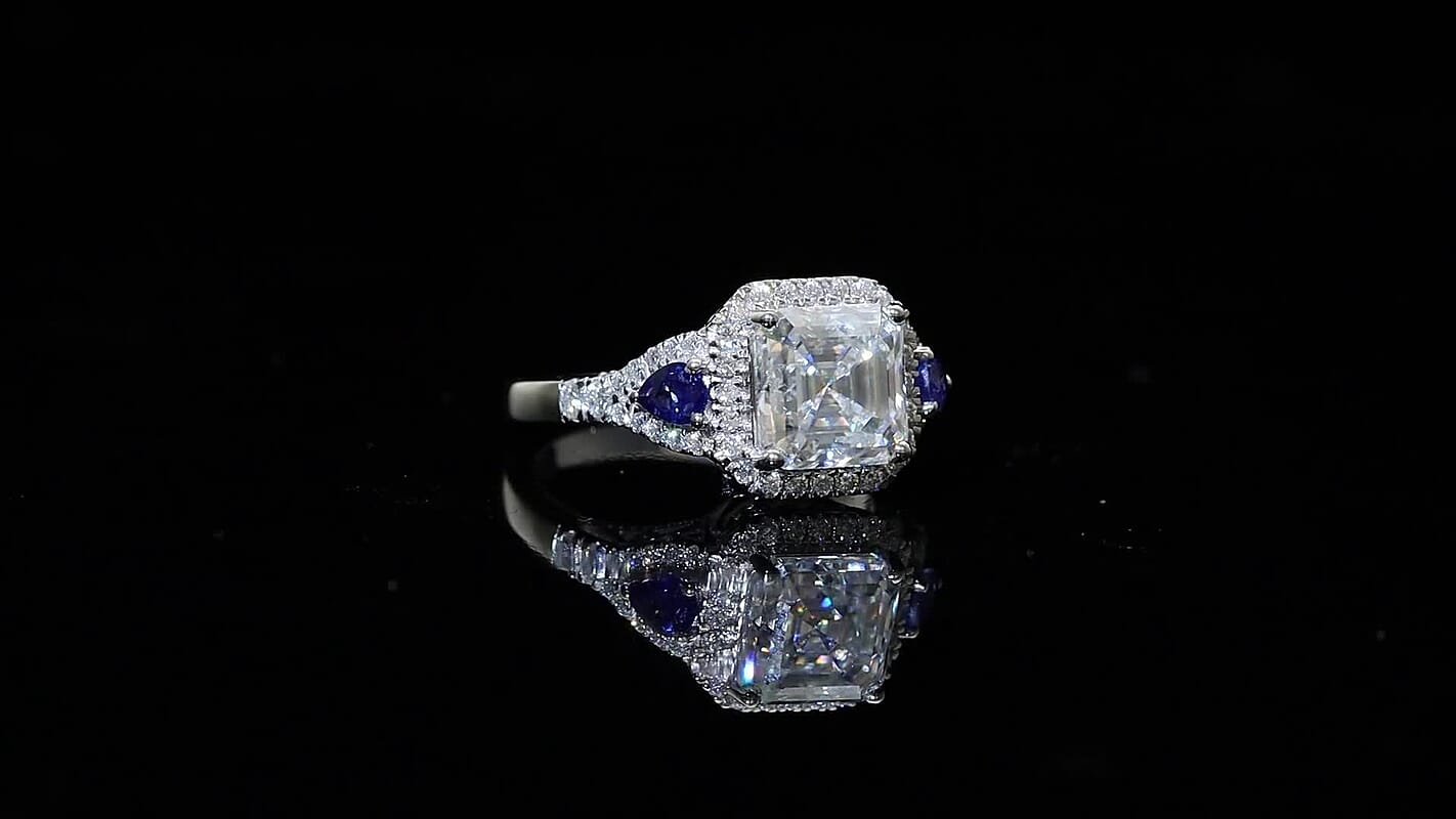 D'Joy Asscher Cut Moissanite (8x8 mm), Ceylon Blue Sapphire Ring in Rhodium Over Sterling Silver (Size 10.0) 3.85 ctw