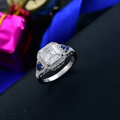 D'Joy Asscher Cut Moissanite, Ceylon Blue Sapphire Ring in Rhodium Over Sterling Silver 3.85 ctw (Size 10.0)
