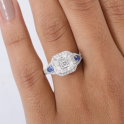 D'Joy Asscher Cut Moissanite, Ceylon Blue Sapphire Ring in Rhodium Over Sterling Silver 3.85 ctw (Size 10.0)
