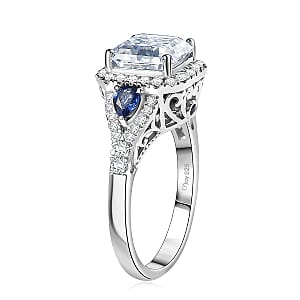 D'Joy Asscher Cut Moissanite, Ceylon Blue Sapphire Ring in Rhodium Over Sterling Silver 3.85 ctw (Size 10.0)