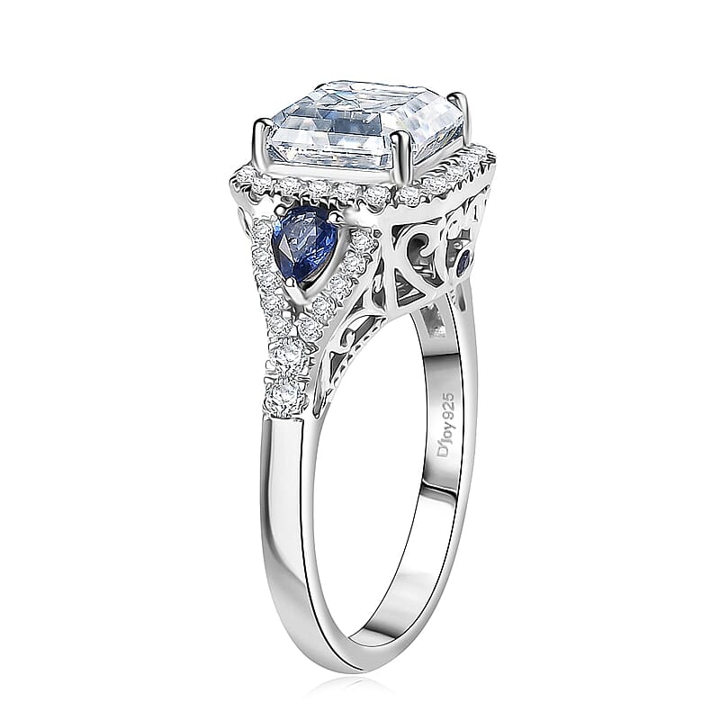D'Joy Asscher Cut Moissanite, Ceylon Blue Sapphire Ring in Rhodium Over Sterling Silver 3.85 ctw (Size 10.0)