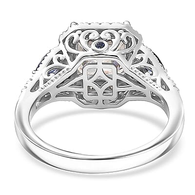 D'Joy Asscher Cut Moissanite, Ceylon Blue Sapphire Ring in Rhodium Over Sterling Silver 3.85 ctw (Size 10.0)