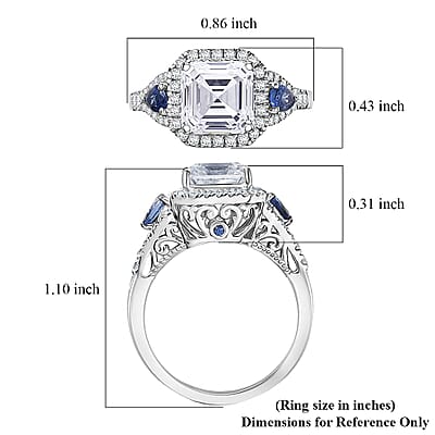 D'Joy Asscher Cut Moissanite, Ceylon Blue Sapphire Ring in Rhodium Over Sterling Silver 3.85 ctw (Size 10.0)