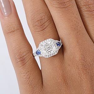 D'Joy Asscher Cut Moissanite, Ceylon Blue Sapphire Ring in Rhodium Over Sterling Silver 3.85 ctw (Size 6.0)