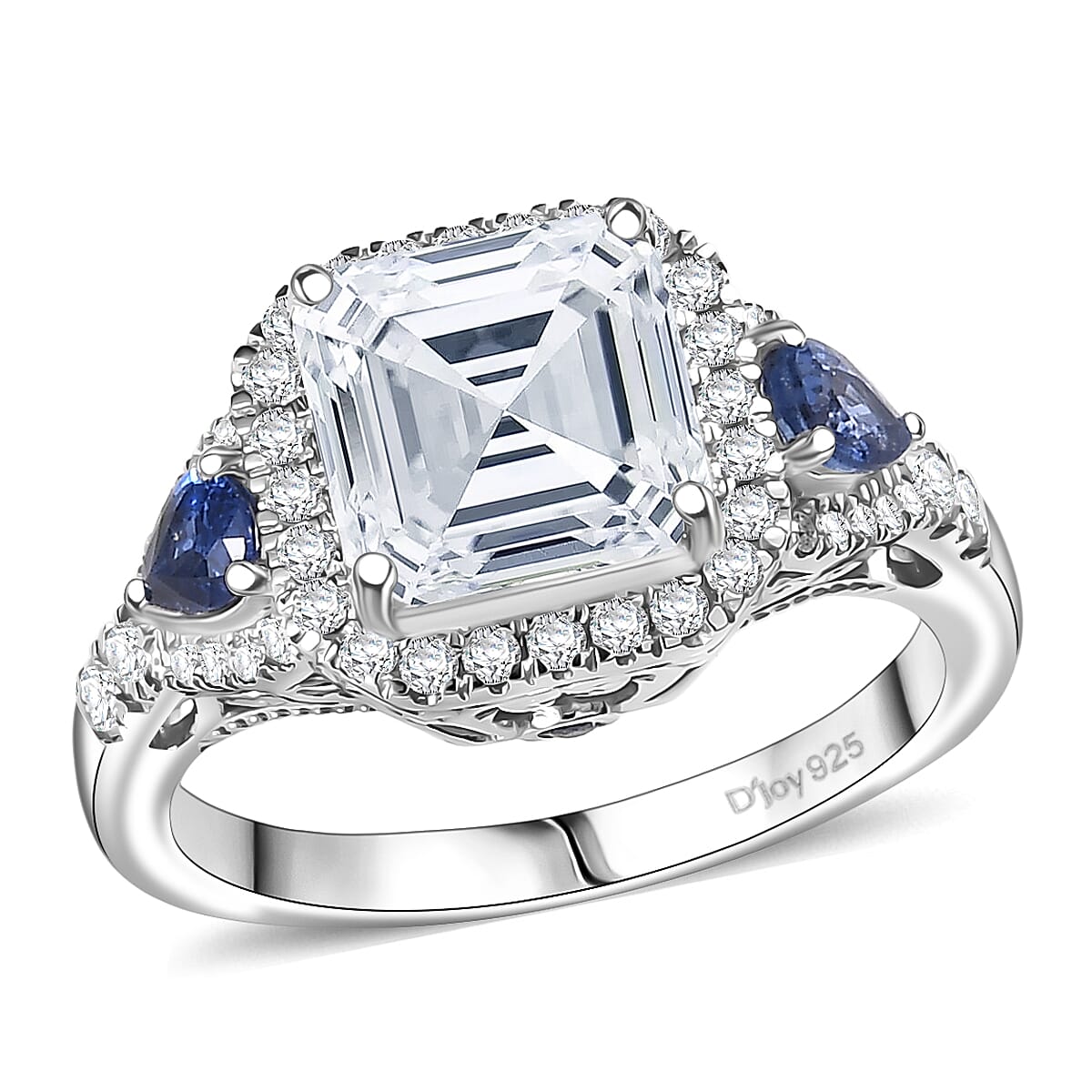 Doorbuster D'Joy Asscher Cut Moissanite and Ceylon Blue Sapphire 3.85 ctw Ring in Rhodium Over Sterling Silver (Size 7.0) image number 0