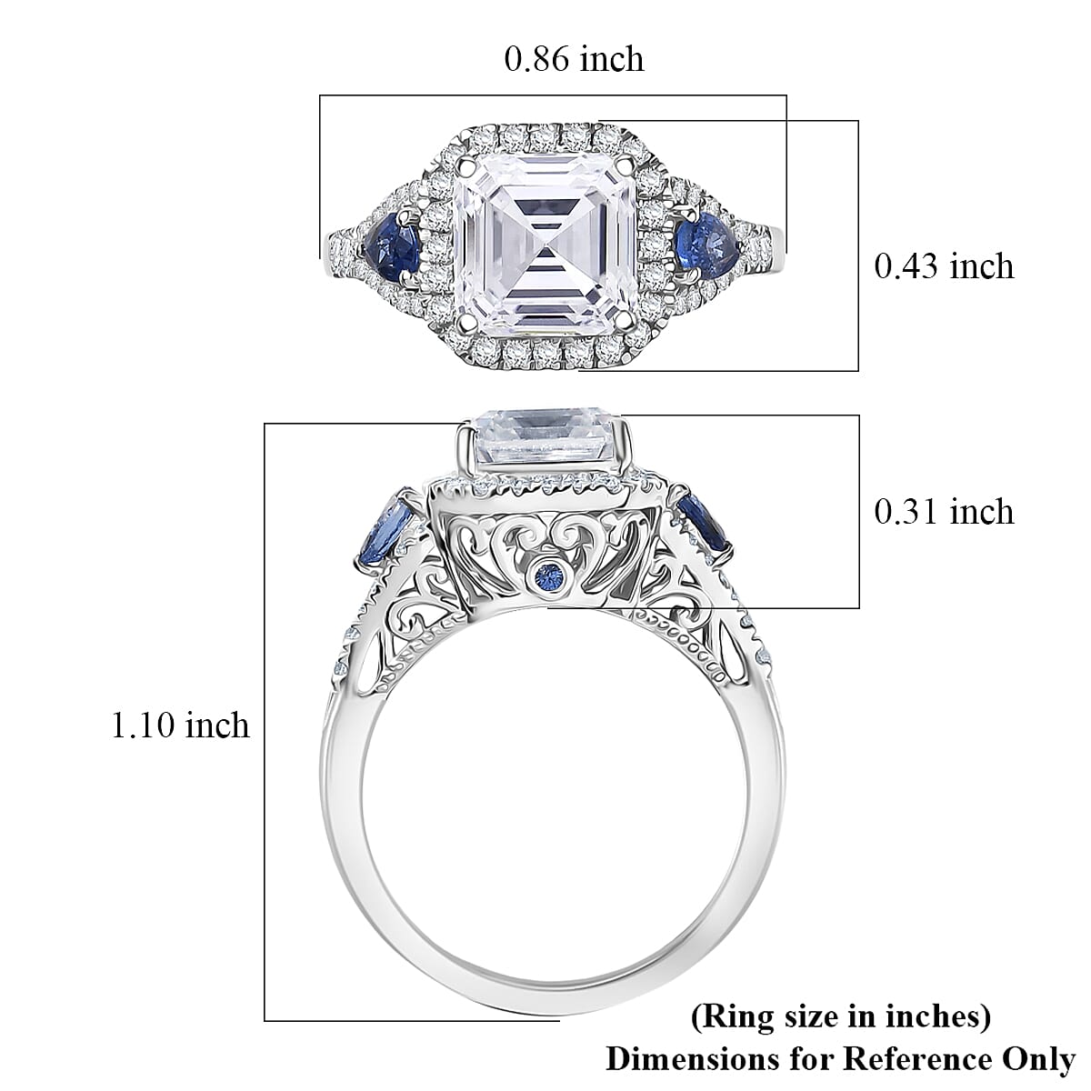 Doorbuster D'Joy Asscher Cut Moissanite and Ceylon Blue Sapphire 3.85 ctw Ring in Rhodium Over Sterling Silver (Size 7.0) image number 5