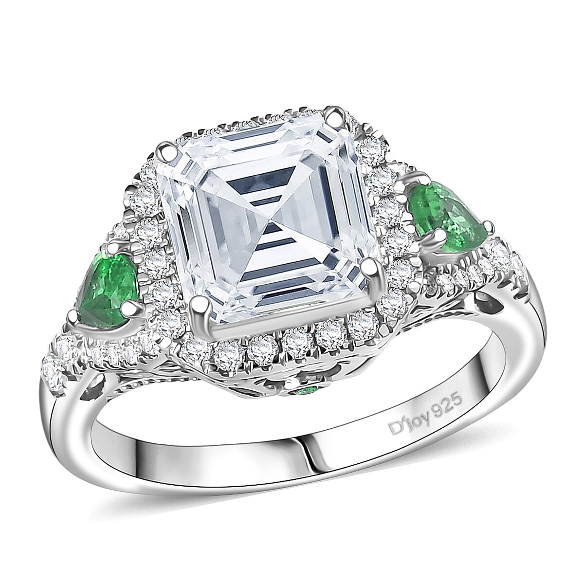 Doorbuster D'Joy Asscher Cut Moissanite and Tsavorite Garnet 3.75 ctw Mirrored Monolith Ring in Rhodium Over Sterling Silver (Size 10.0) image number 0