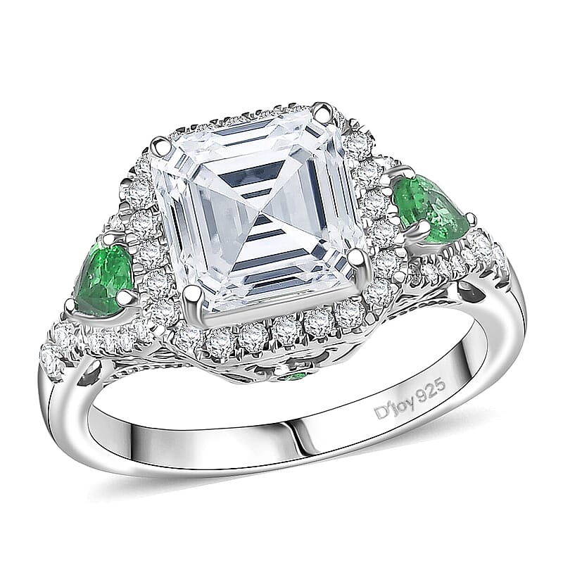 D'Joy Asscher Cut Moissanite, Tsavorite Garnet Ring in Rhodium Over Sterling Silver 3.75 ctw (Size 10.0)