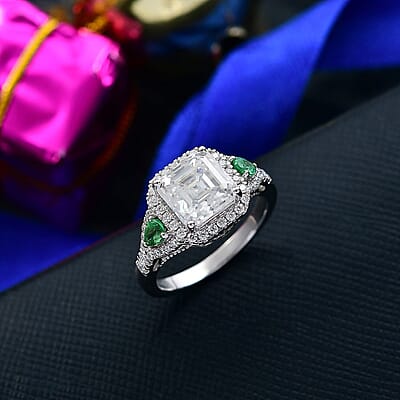D'Joy Asscher Cut Moissanite, Tsavorite Garnet Ring in Rhodium Over Sterling Silver 3.75 ctw (Size 10.0)