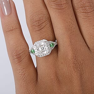 D'Joy Asscher Cut Moissanite, Tsavorite Garnet Ring in Rhodium Over Sterling Silver 3.75 ctw (Size 10.0)