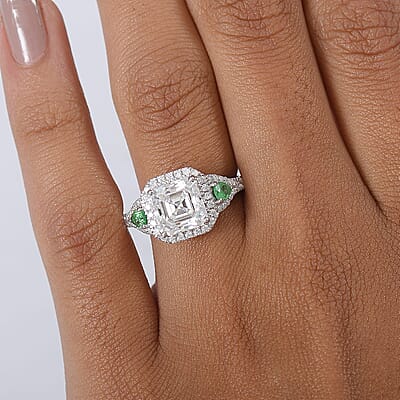 D'Joy Asscher Cut Moissanite, Tsavorite Garnet Ring in Rhodium Over Sterling Silver 3.75 ctw (Size 10.0)