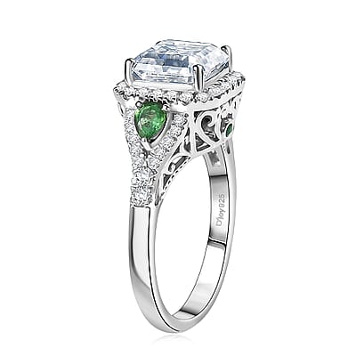 D'Joy Asscher Cut Moissanite, Tsavorite Garnet Ring in Rhodium Over Sterling Silver 3.75 ctw (Size 10.0)
