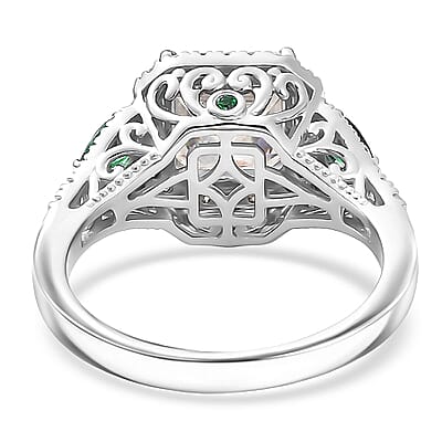 D'Joy Asscher Cut Moissanite, Tsavorite Garnet Ring in Rhodium Over Sterling Silver 3.75 ctw (Size 10.0)